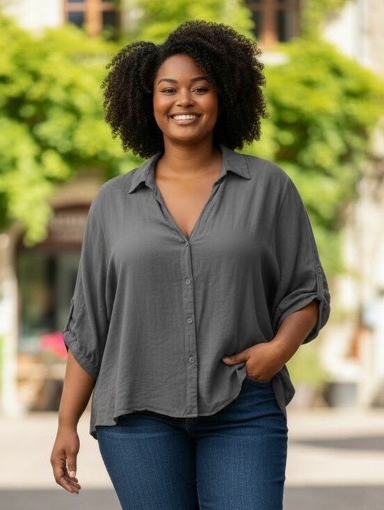 Mustard Seed Tops - Mustard Seed Womens Off Black Puff Sleeve Button Down Blouse Oversized Small